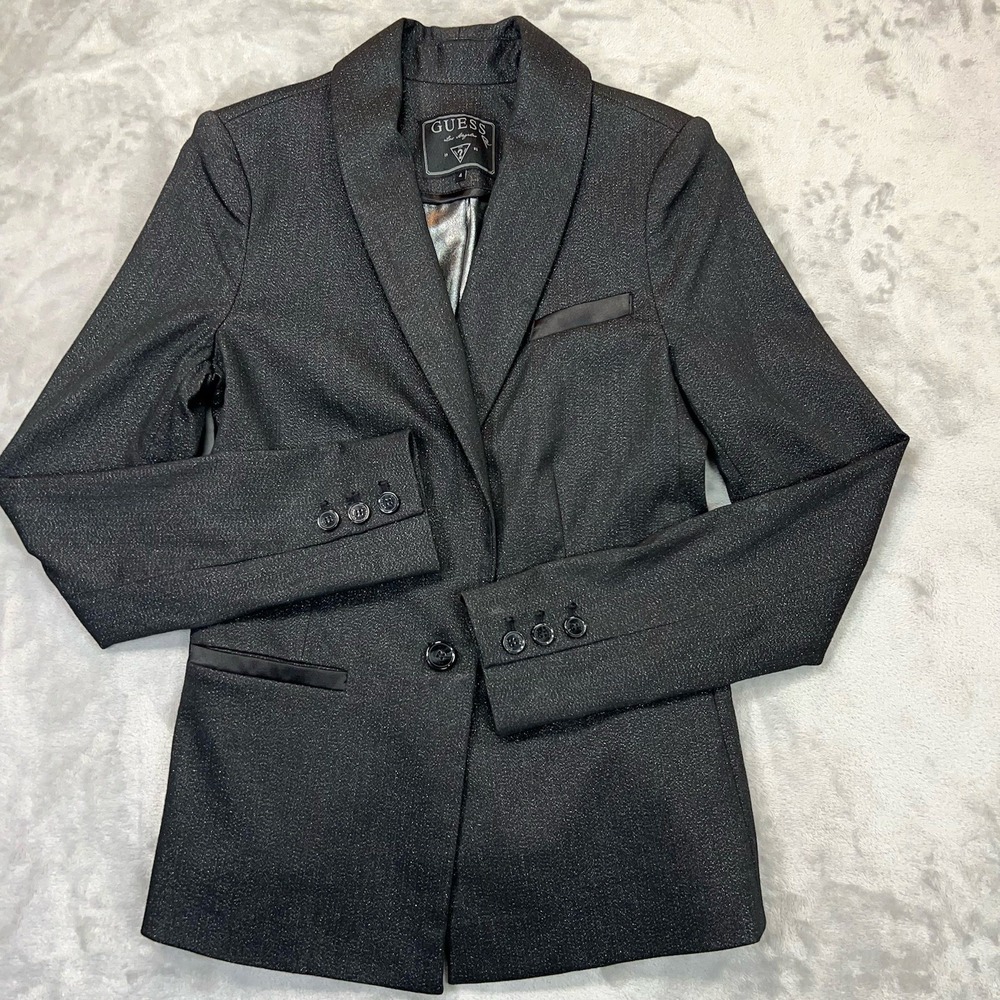 GUESS Womens Size 4 Blazer Single Breasted Stretch Evening Festive Black Shimmer